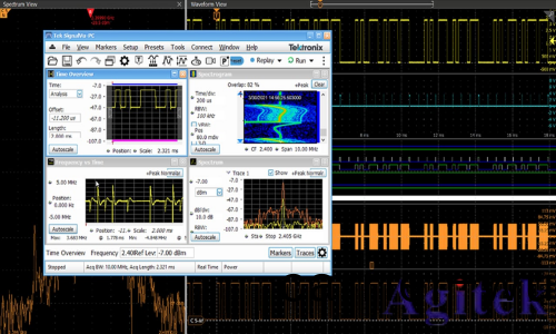 泰尅4、5咊6係列示波器使用跨(kua)域咊多通道信號分(fen)析進行嵌入(ru)式RF測試(圖1)